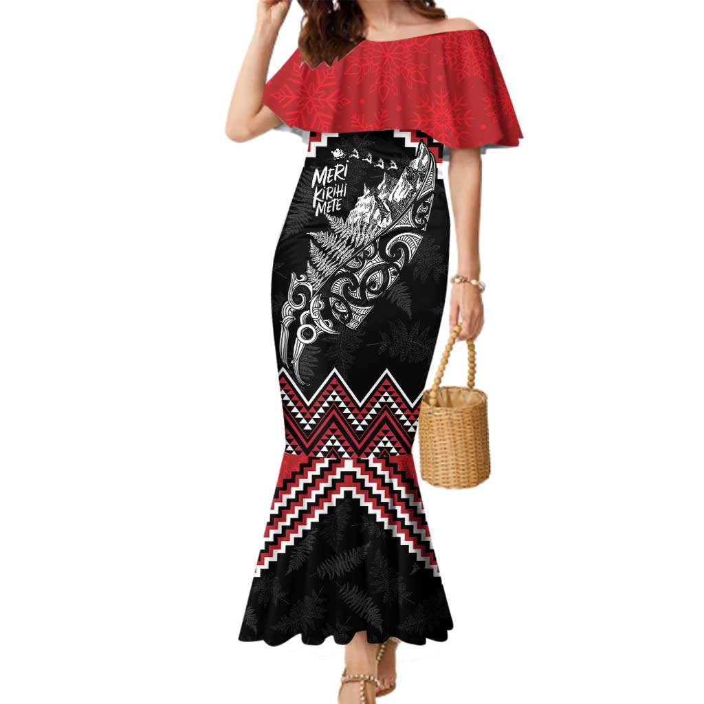 New Zealand Christmas Taniko Poutama Family Matching Mermaid Dress and Hawaiian Shirt Mountainscape Maori Fern LT7 Mom's Dress Black - Polynesian Pride