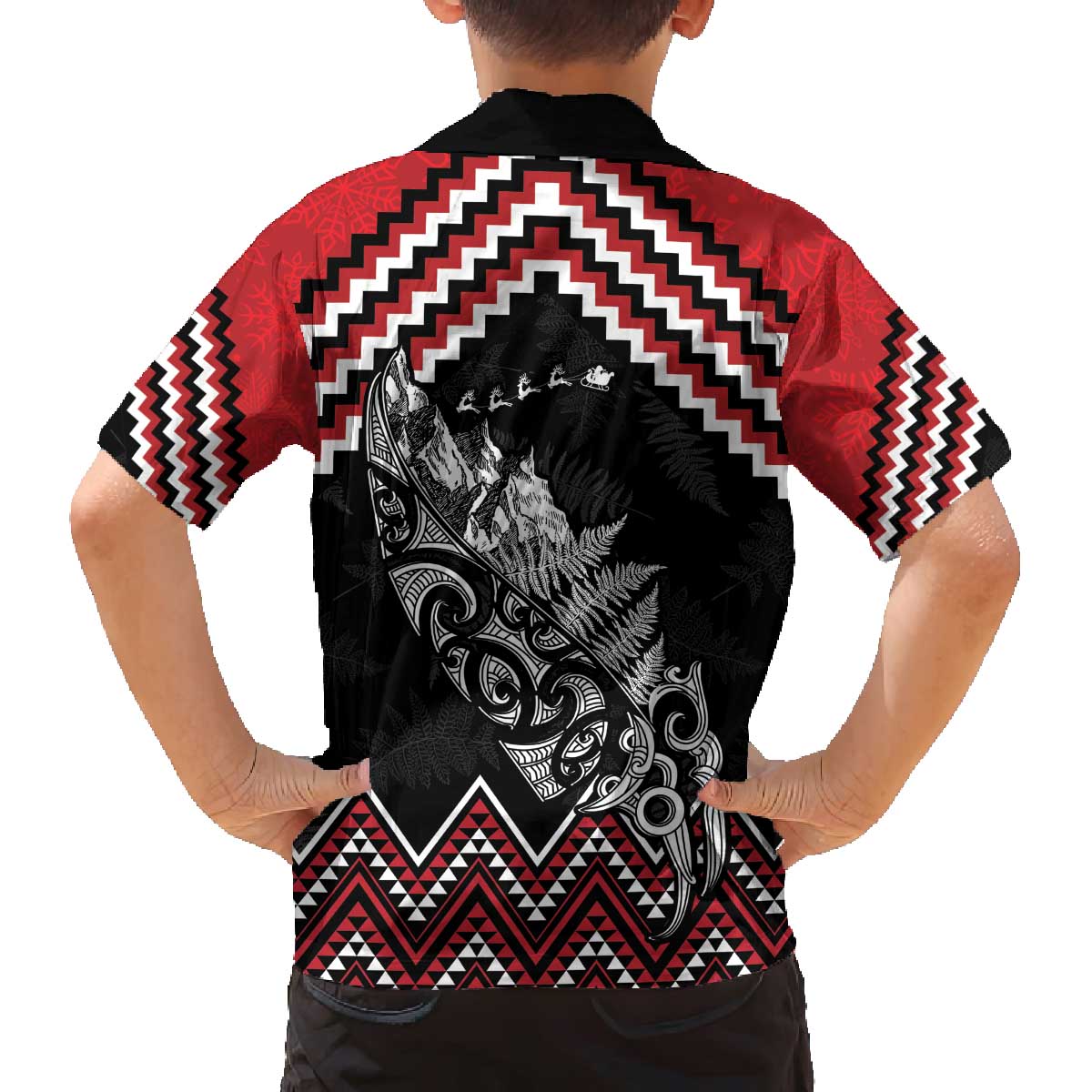 New Zealand Christmas Taniko Poutama Family Matching Off The Shoulder Long Sleeve Dress and Hawaiian Shirt Mountainscape Maori Fern LT7 - Polynesian Pride