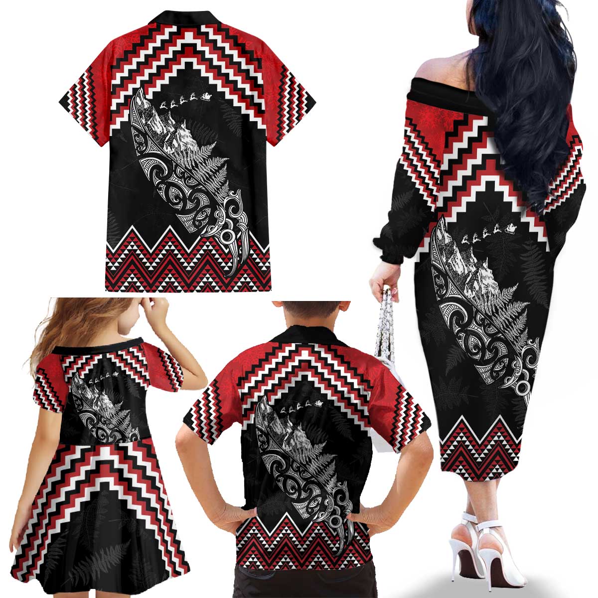 New Zealand Christmas Taniko Poutama Family Matching Off The Shoulder Long Sleeve Dress and Hawaiian Shirt Mountainscape Maori Fern LT7 - Polynesian Pride