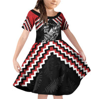 New Zealand Christmas Taniko Poutama Family Matching Off Shoulder Short Dress and Hawaiian Shirt Mountainscape Maori Fern LT7 Daughter's Dress Black - Polynesian Pride