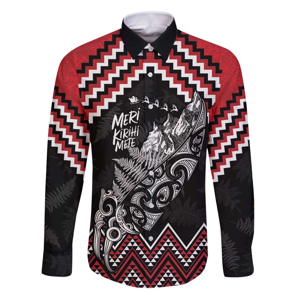 New Zealand Christmas Taniko Poutama Family Matching Off Shoulder Short Dress and Hawaiian Shirt Mountainscape Maori Fern LT7 Dad's Shirt - Long Sleeve Black - Polynesian Pride