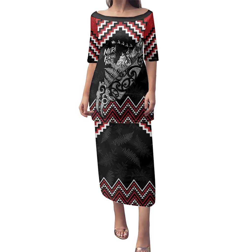 New Zealand Christmas Taniko Poutama Family Matching Puletasi and Hawaiian Shirt Mountainscape Maori Fern LT7 Mom's Dress Black - Polynesian Pride