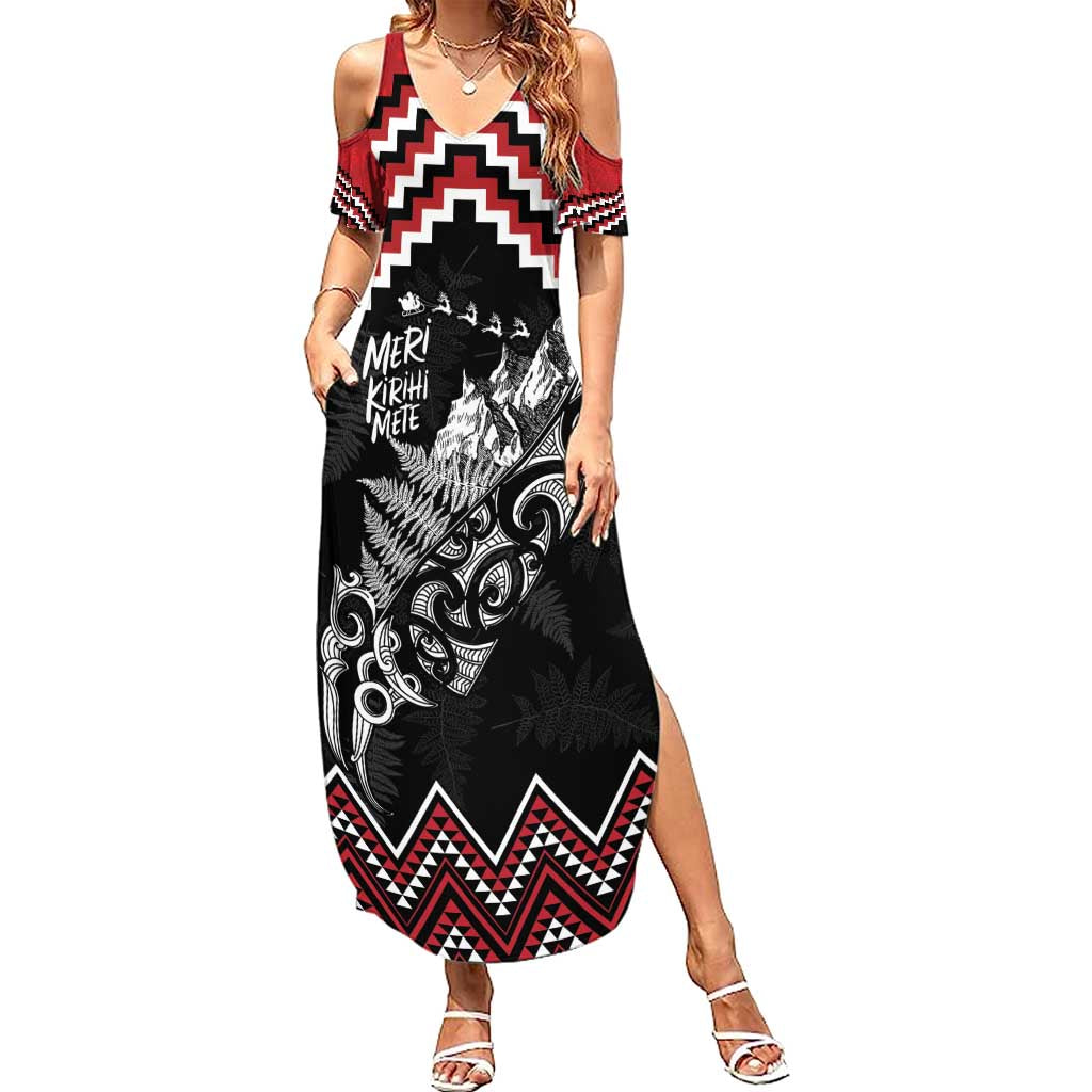 New Zealand Christmas Taniko Poutama Family Matching Summer Maxi Dress and Hawaiian Shirt Mountainscape Maori Fern LT7 Mom's Dress Black - Polynesian Pride
