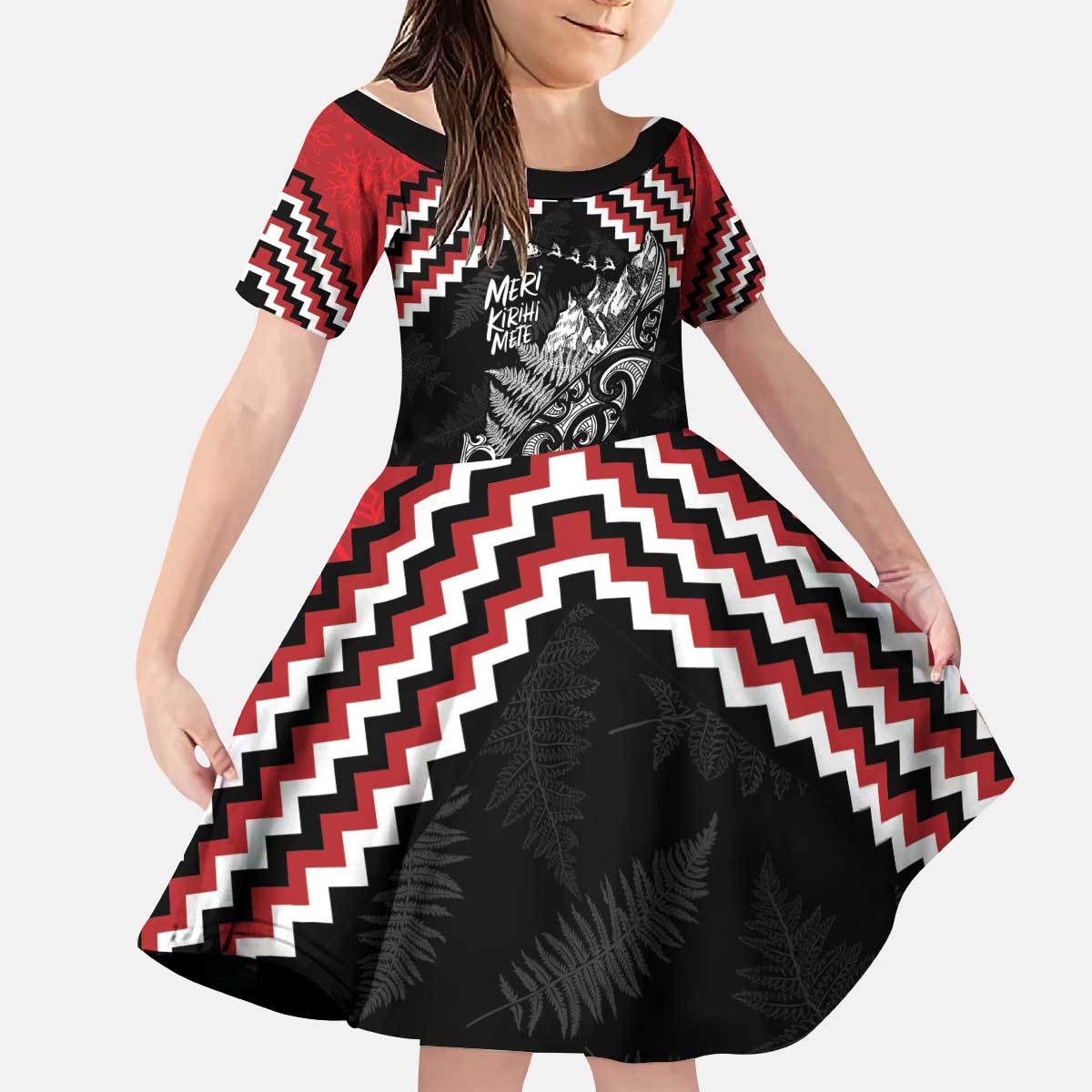 New Zealand Christmas Taniko Poutama Kid Short Sleeve Dress Mountainscape Maori Fern - Polynesian Pride