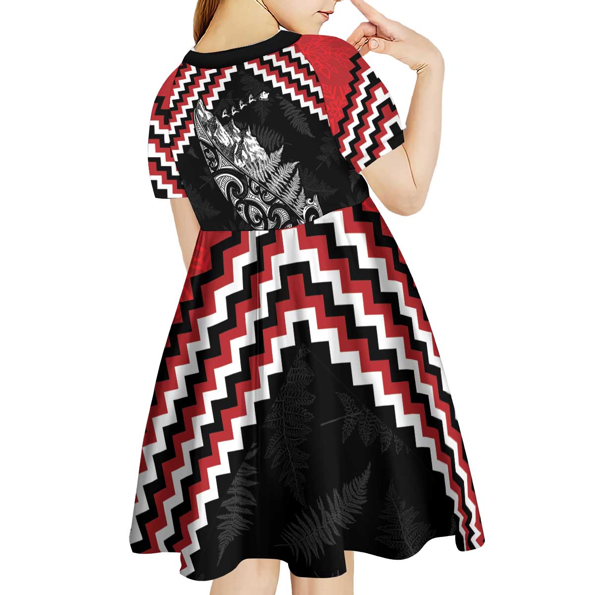 New Zealand Christmas Taniko Poutama Kid Short Sleeve Dress Mountainscape Maori Fern LT7 - Polynesian Pride