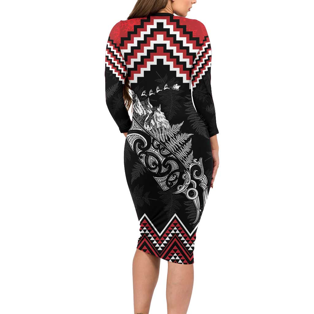New Zealand Christmas Taniko Poutama Long Sleeve Bodycon Dress Mountainscape Maori Fern LT7 - Polynesian Pride