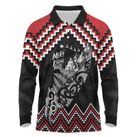 New Zealand Christmas Taniko Poutama Long Sleeve Polo Shirt Mountainscape Maori Fern LT7 Black - Polynesian Pride