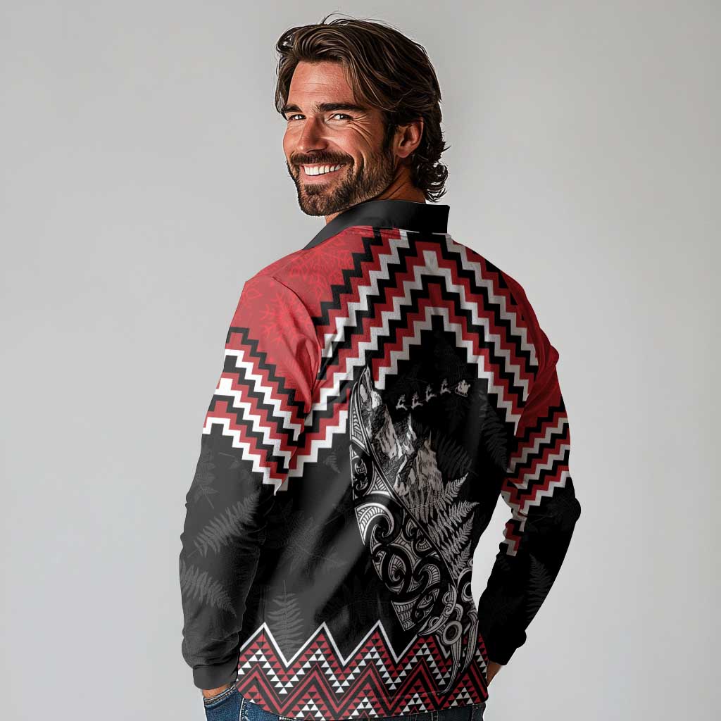 New Zealand Christmas Taniko Poutama Long Sleeve Polo Shirt Mountainscape Maori Fern LT7 - Polynesian Pride