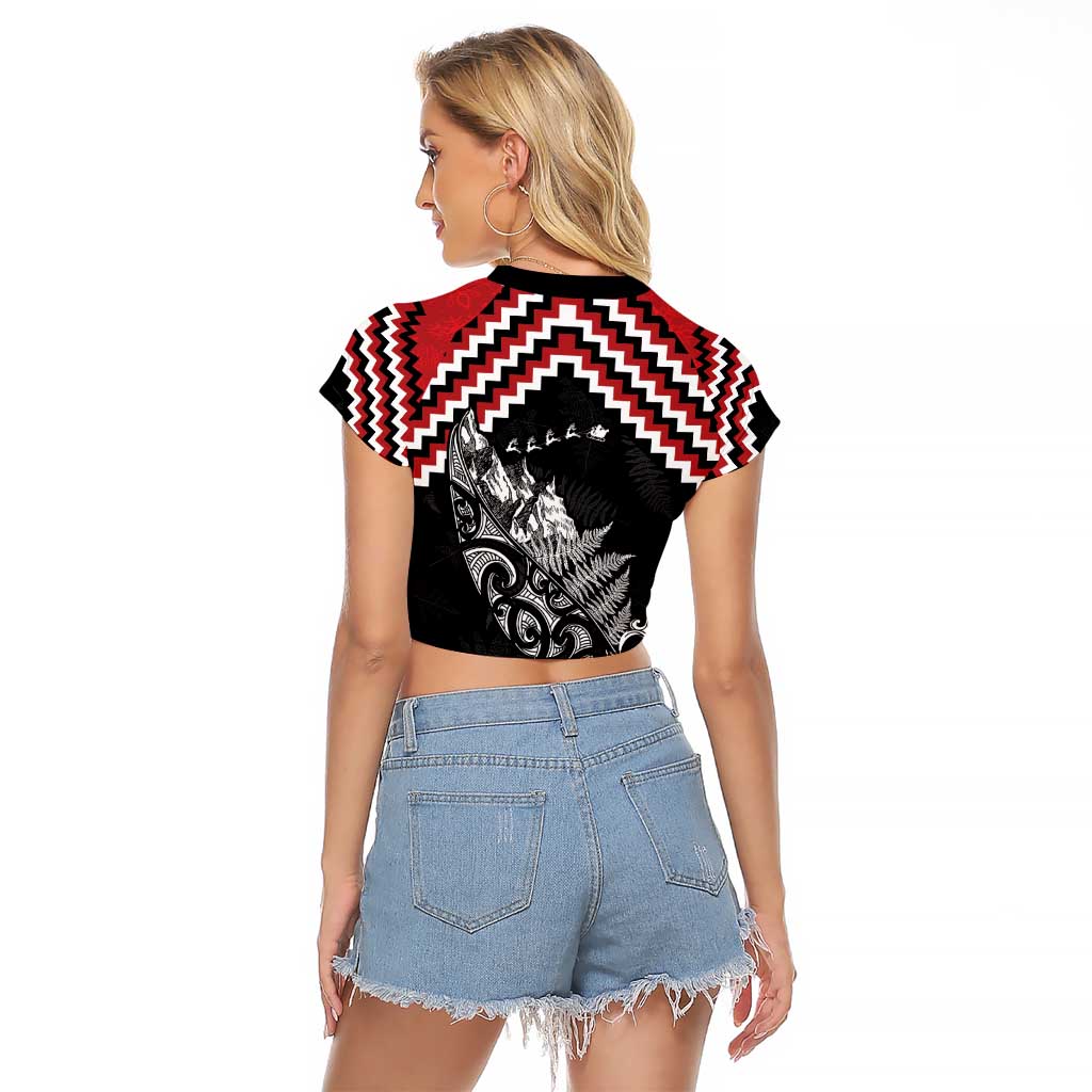 New Zealand Christmas Taniko Poutama Raglan Cropped T Shirt Mountainscape Maori Fern - Polynesian Pride