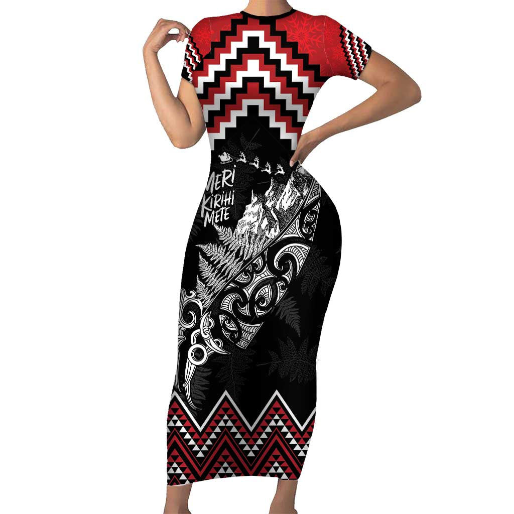 New Zealand Christmas Taniko Poutama Short Sleeve Bodycon Dress Mountainscape Maori Fern - Polynesian Pride