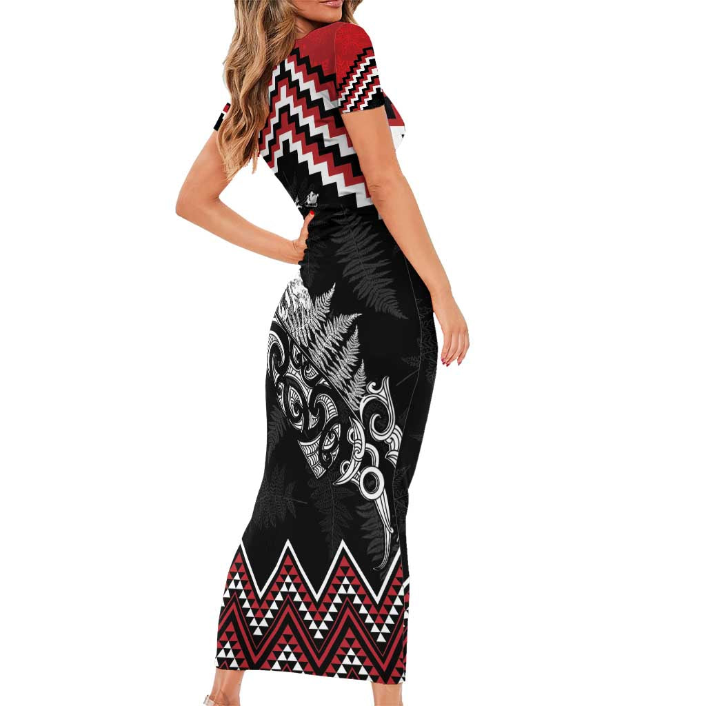 New Zealand Christmas Taniko Poutama Short Sleeve Bodycon Dress Mountainscape Maori Fern LT7 - Polynesian Pride