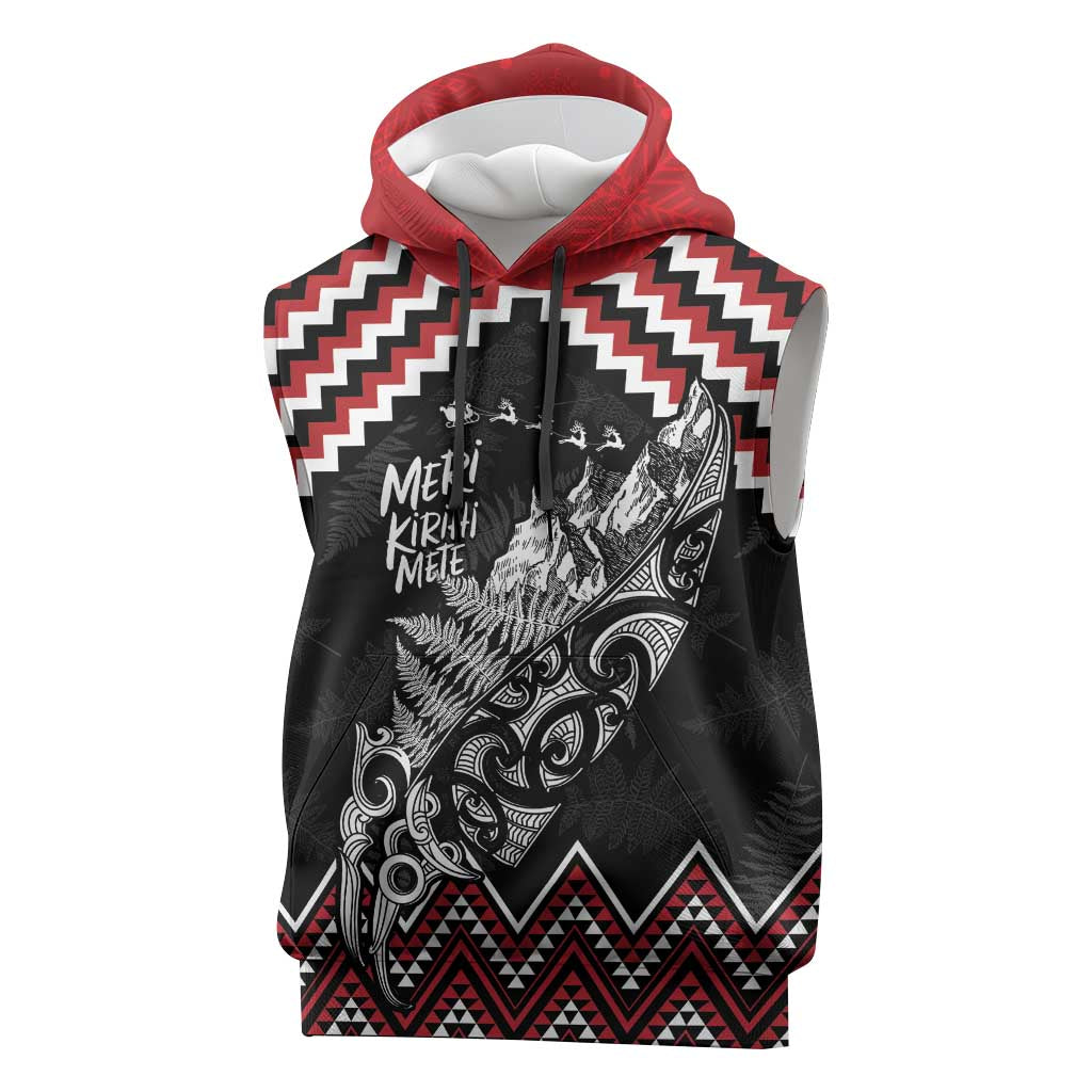 New Zealand Christmas Taniko Poutama Sleeveless Hoodie Mountainscape Maori Fern LT7 Black - Polynesian Pride
