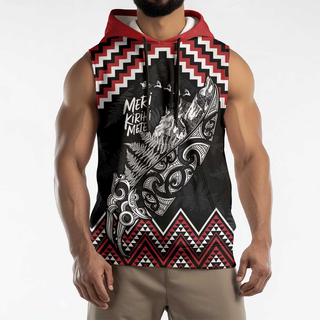 New Zealand Christmas Taniko Poutama Sleeveless Hoodie Mountainscape Maori Fern LT7 - Polynesian Pride