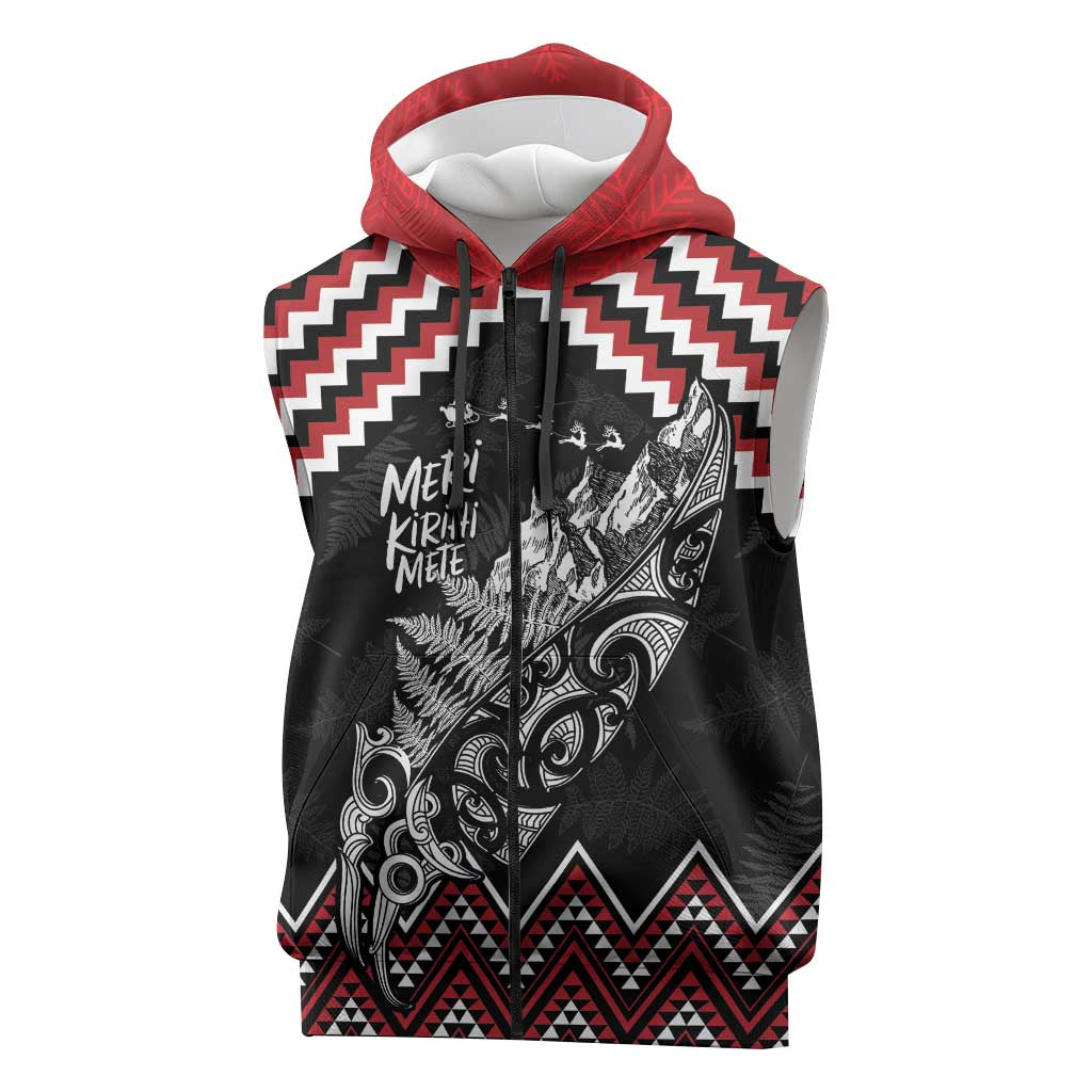 New Zealand Christmas Taniko Poutama Sleeveless Zip Hoodie Mountainscape Maori Fern LT7 Black - Polynesian Pride