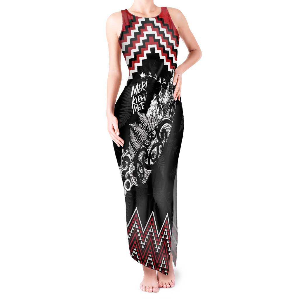New Zealand Christmas Taniko Poutama Tank Maxi Dress Mountainscape Maori Fern LT7 Women Black - Polynesian Pride