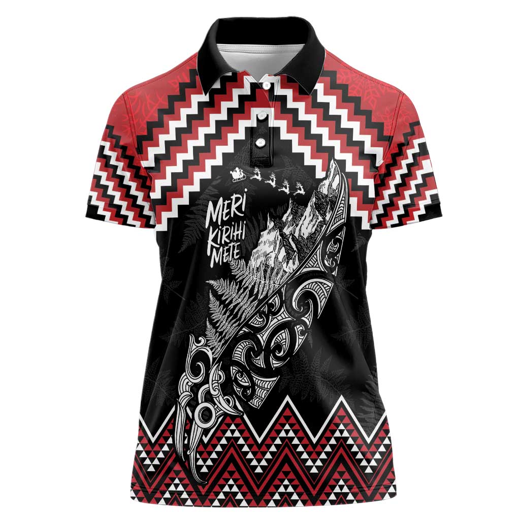 New Zealand Christmas Taniko Poutama Women Polo Shirt Mountainscape Maori Fern LT7 Female Black - Polynesian Pride