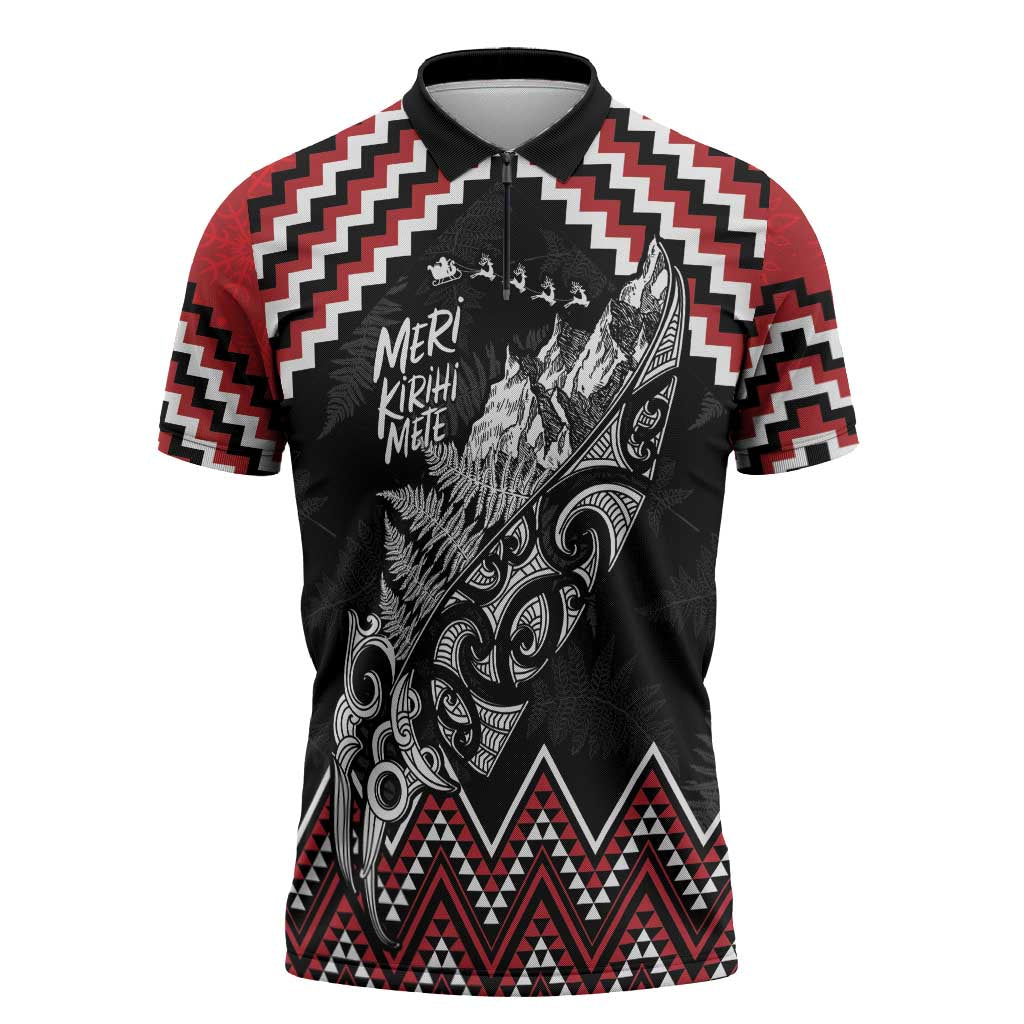 New Zealand Christmas Taniko Poutama Zipper Polo Shirt Mountainscape Maori Fern LT7 Black - Polynesian Pride