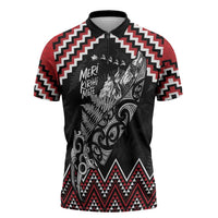 New Zealand Christmas Taniko Poutama Zipper Polo Shirt Mountainscape Maori Fern LT7 Black - Polynesian Pride