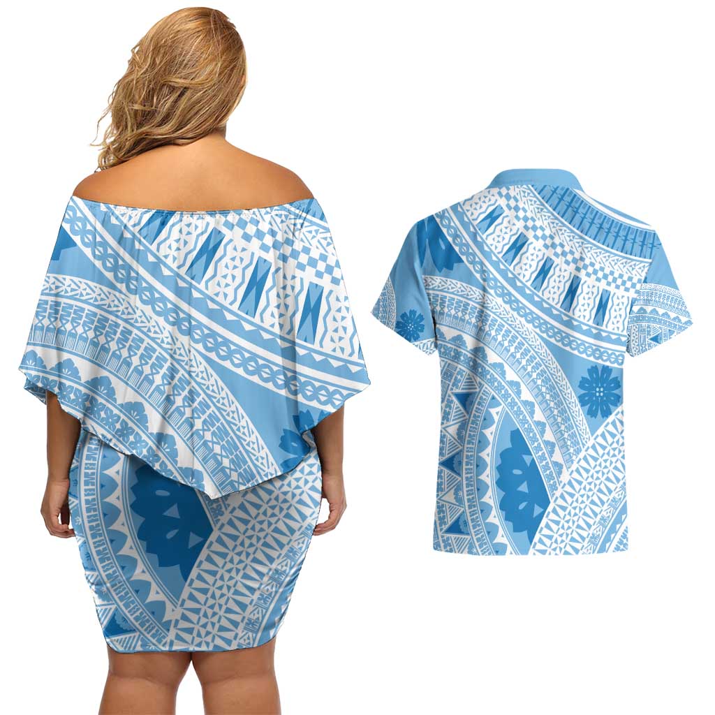Bula Fiji Classic Masi Tapa Couples Matching Off Shoulder Short Dress and Hawaiian Shirt Turquoise - Polynesian Pride