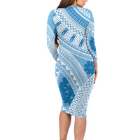 Bula Fiji Classic Masi Tapa Family Matching Long Sleeve Bodycon Dress and Hawaiian Shirt Turquoise LT7 - Polynesian Pride