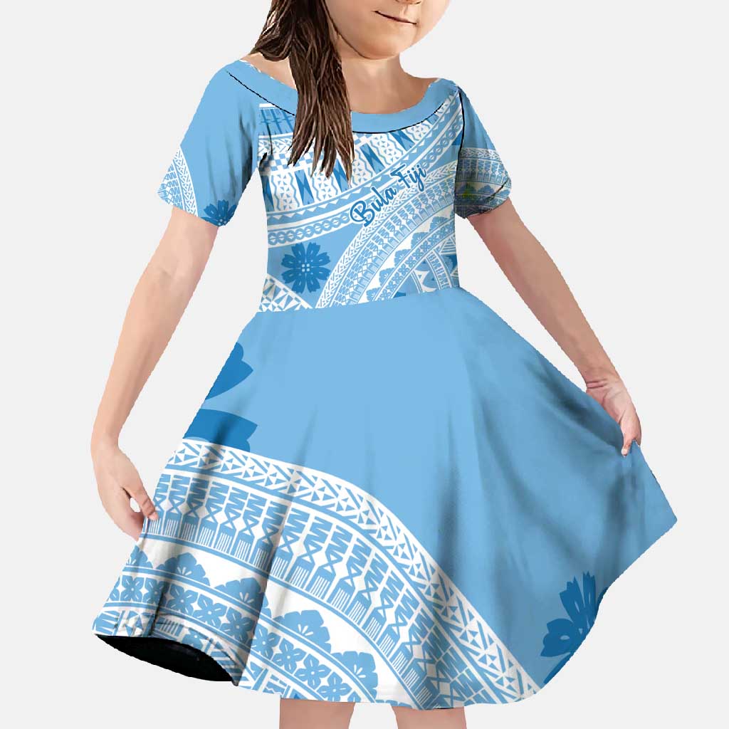 Bula Fiji Classic Masi Tapa Family Matching Mermaid Dress and Hawaiian Shirt Turquoise LT7 Daughter's Dress Turquoise - Polynesian Pride