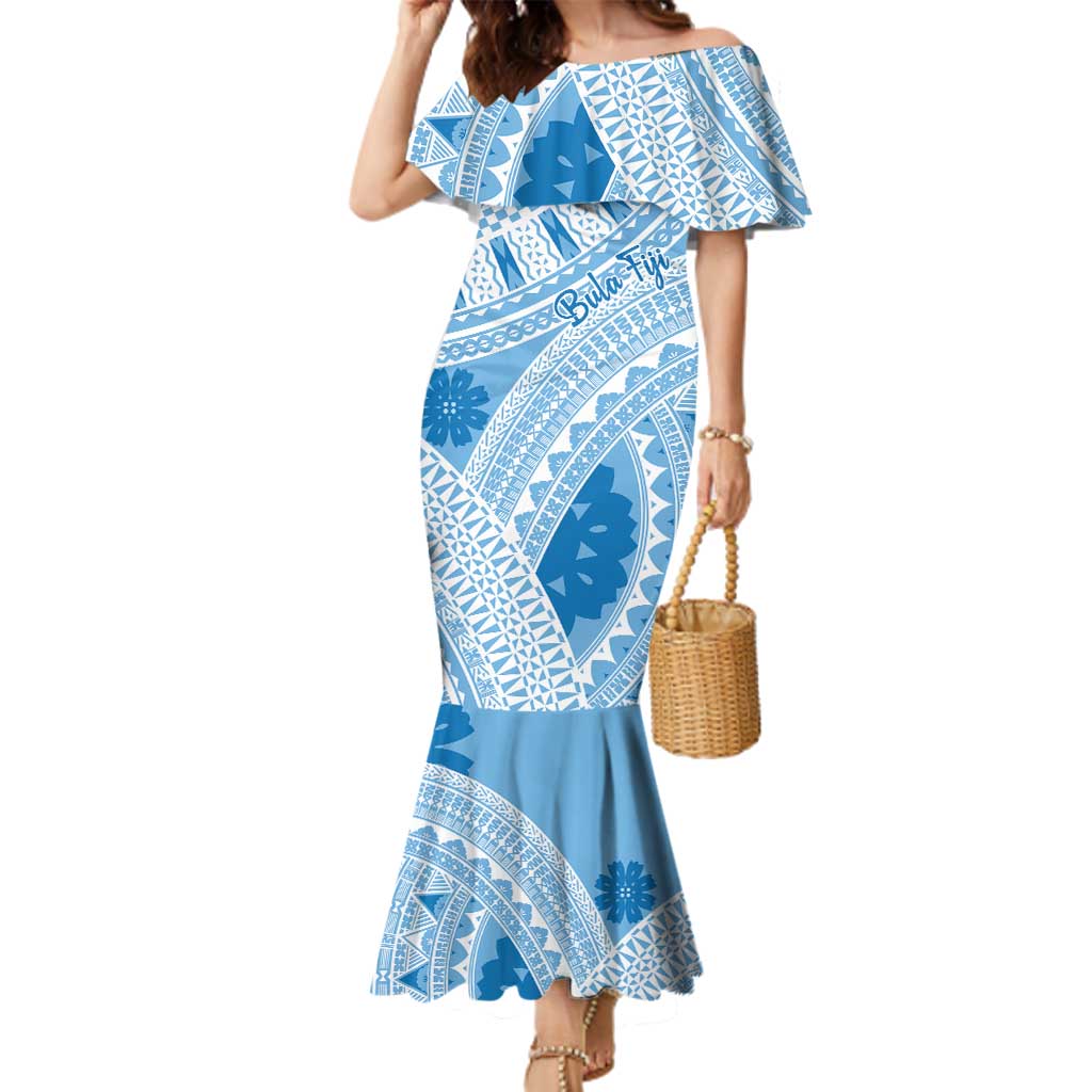 Bula Fiji Classic Masi Tapa Family Matching Mermaid Dress and Hawaiian Shirt Turquoise LT7 Mom's Dress Turquoise - Polynesian Pride