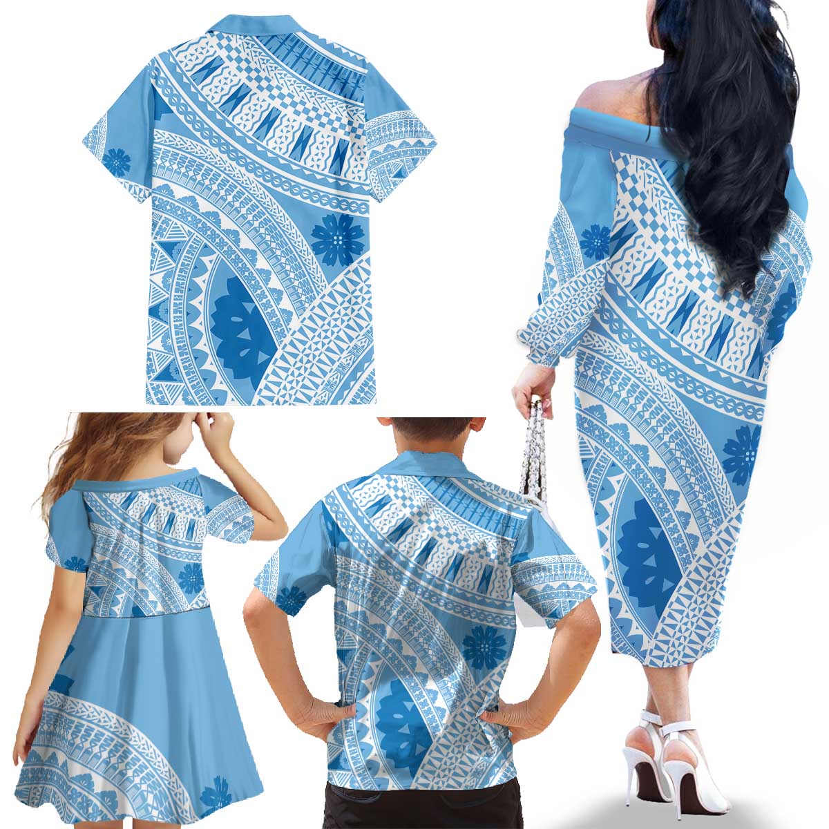 Bula Fiji Classic Masi Tapa Family Matching Off The Shoulder Long Sleeve Dress and Hawaiian Shirt Turquoise LT7 - Polynesian Pride