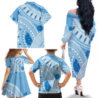 Bula Fiji Classic Masi Tapa Family Matching Off The Shoulder Long Sleeve Dress and Hawaiian Shirt Turquoise LT7 - Polynesian Pride
