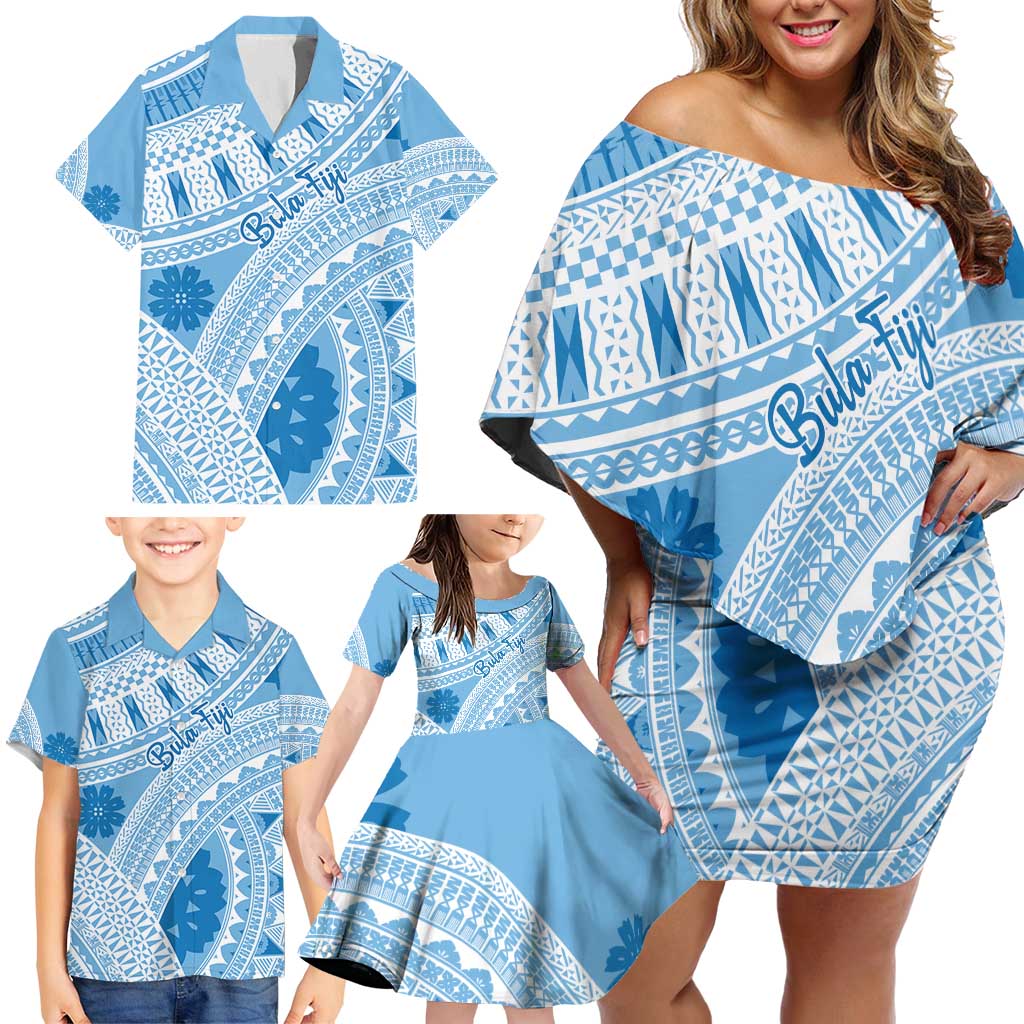 Bula Fiji Classic Masi Tapa Family Matching Off Shoulder Short Dress and Hawaiian Shirt Turquoise LT7 - Polynesian Pride