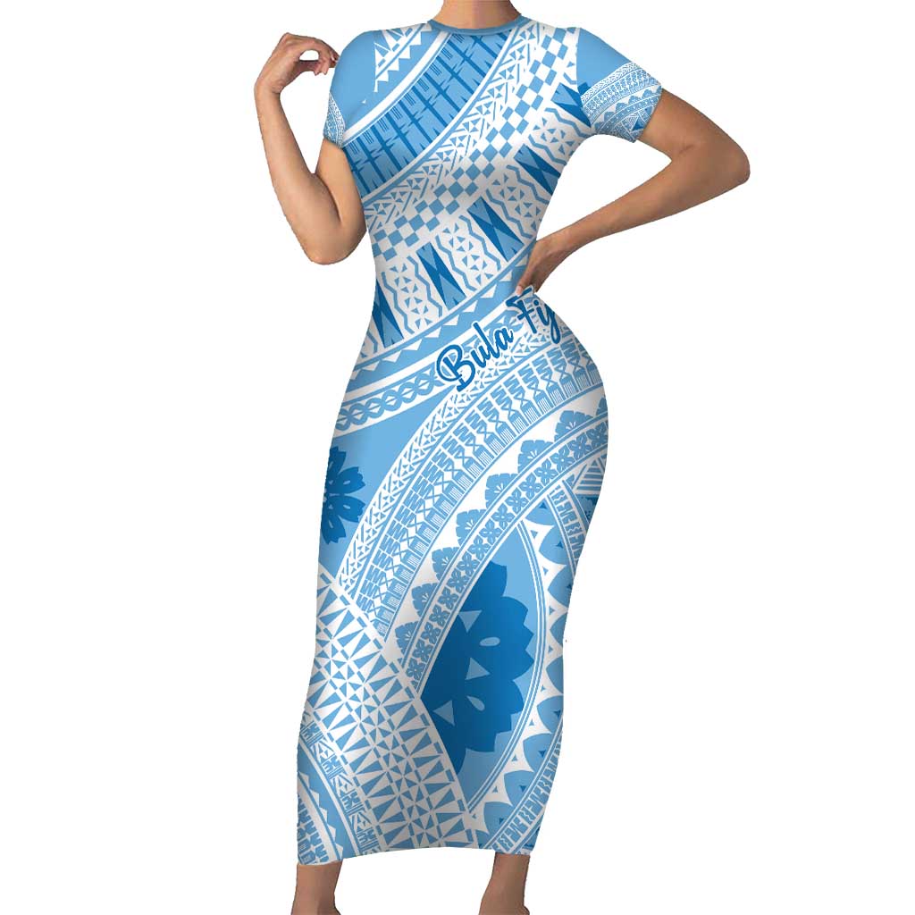 Bula Fiji Classic Masi Tapa Family Matching Short Sleeve Bodycon Dress and Hawaiian Shirt Turquoise LT7 Mom's Dress Turquoise - Polynesian Pride