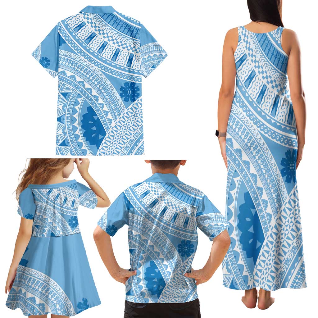 Bula Fiji Classic Masi Tapa Family Matching Tank Maxi Dress and Hawaiian Shirt Turquoise LT7 - Polynesian Pride