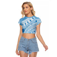 Bula Fiji Classic Masi Tapa Raglan Cropped T Shirt Turquoise - Polynesian Pride