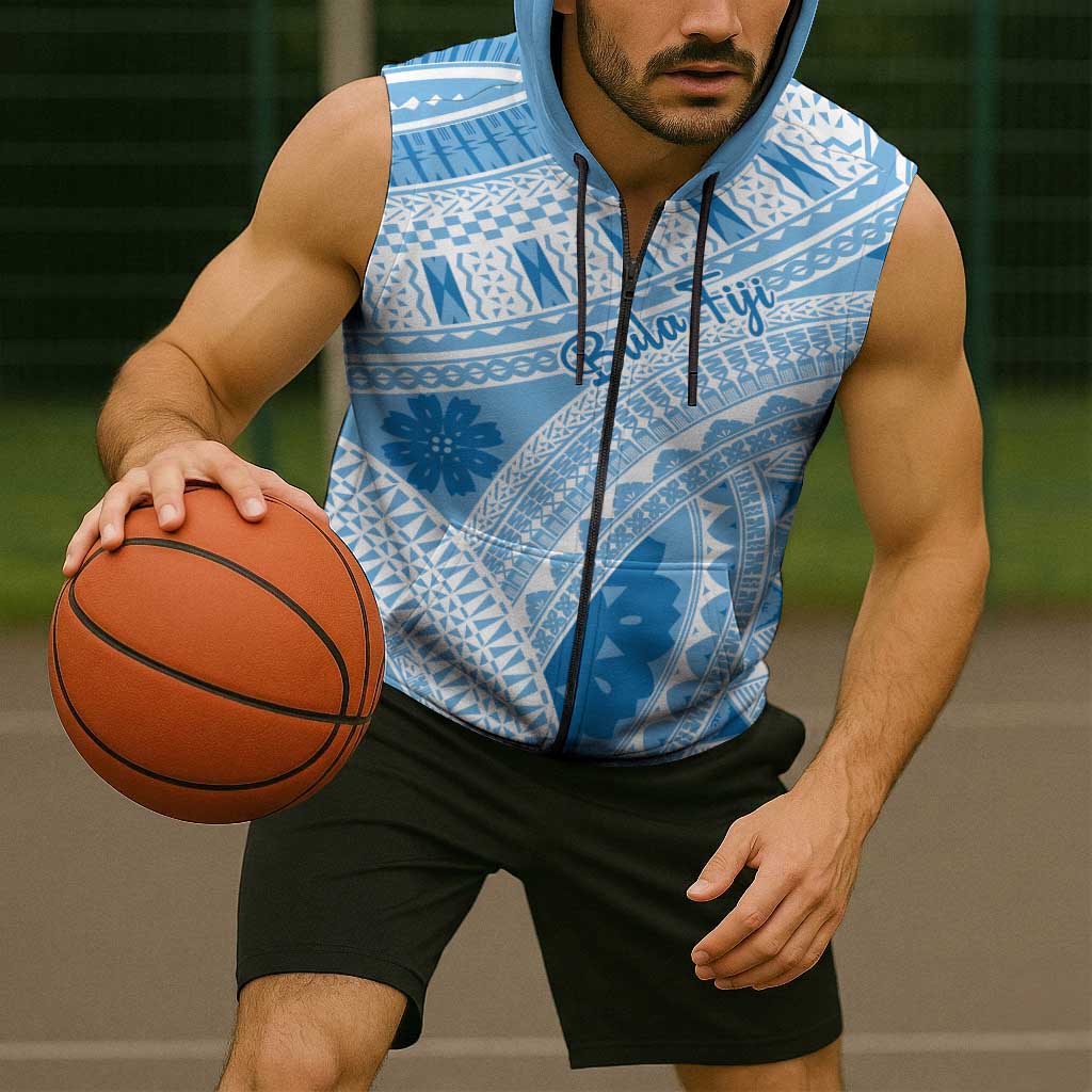 Bula Fiji Classic Masi Tapa Sleeveless Zip Hoodie Turquoise - Polynesian Pride