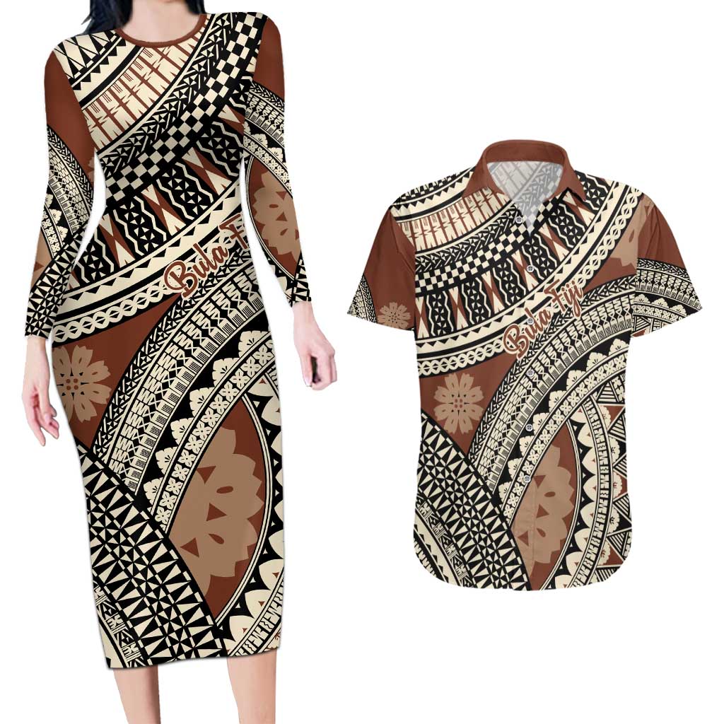 Bula Fiji Classic Masi Tapa Couples Matching Long Sleeve Bodycon Dress and Hawaiian Shirt Vintage Brown LT7 Brown - Polynesian Pride