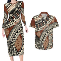 Bula Fiji Classic Masi Tapa Couples Matching Long Sleeve Bodycon Dress and Hawaiian Shirt Vintage Brown LT7 Brown - Polynesian Pride