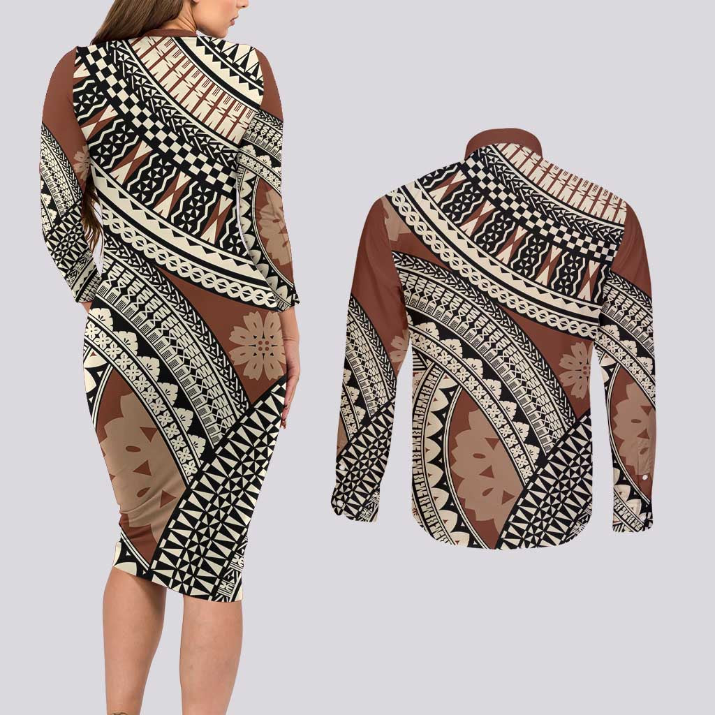 Bula Fiji Classic Masi Tapa Couples Matching Long Sleeve Bodycon Dress and Long Sleeve Button Shirt Vintage Brown - Polynesian Pride