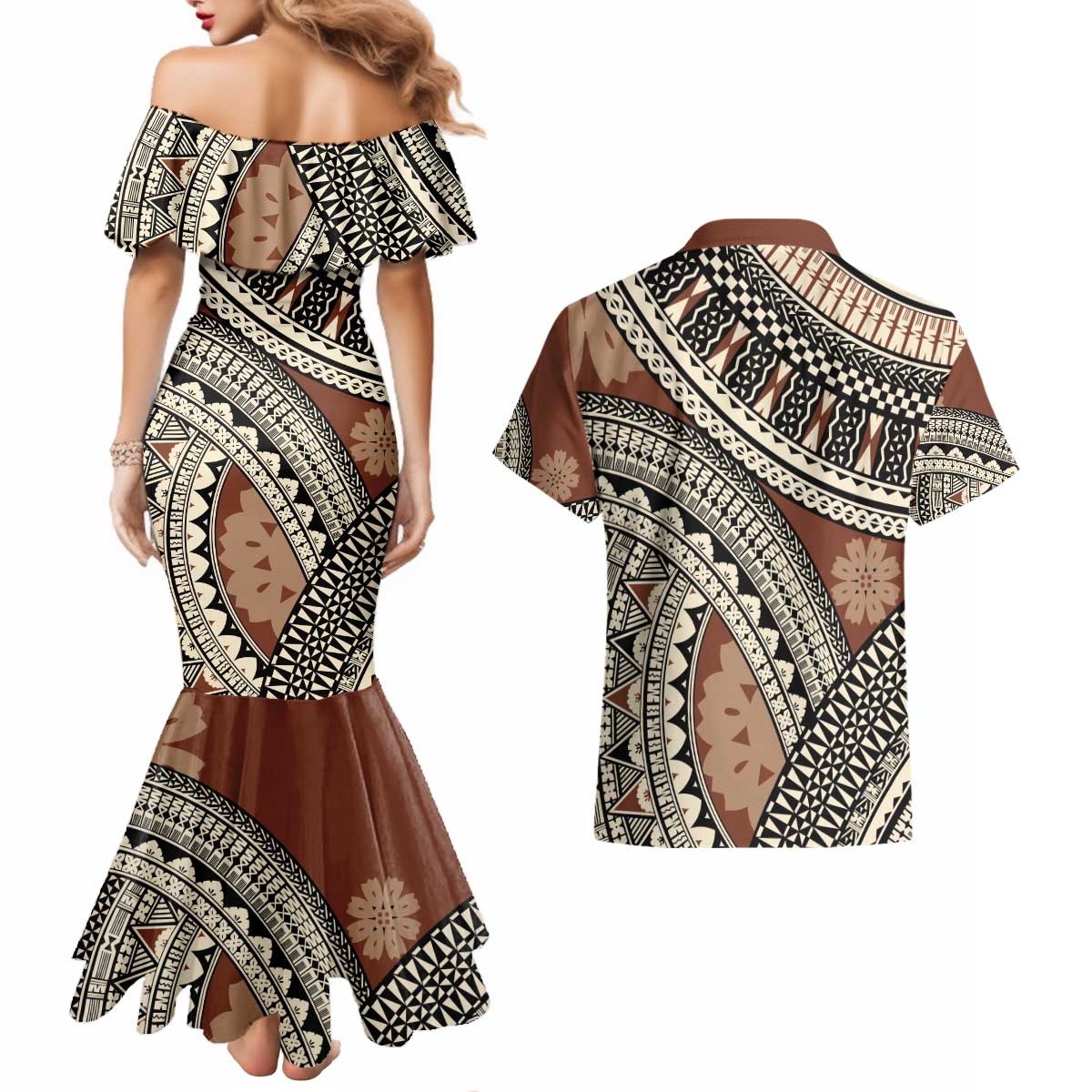 Bula Fiji Classic Masi Tapa Couples Matching Mermaid Dress and Hawaiian Shirt Vintage Brown - Polynesian Pride