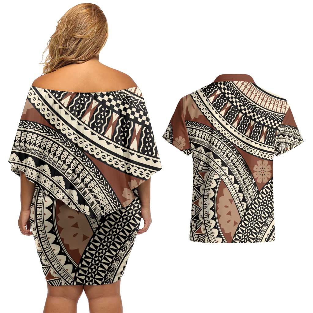 Bula Fiji Classic Masi Tapa Couples Matching Off Shoulder Short Dress and Hawaiian Shirt Vintage Brown - Polynesian Pride