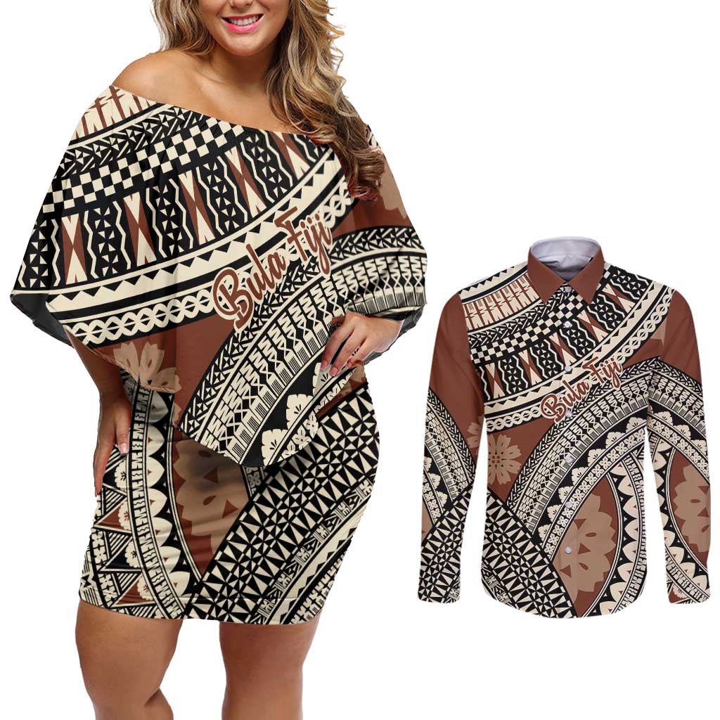 Bula Fiji Classic Masi Tapa Couples Matching Off Shoulder Short Dress and Long Sleeve Button Shirt Vintage Brown - Polynesian Pride