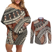 Bula Fiji Classic Masi Tapa Couples Matching Off Shoulder Short Dress and Long Sleeve Button Shirt Vintage Brown - Polynesian Pride