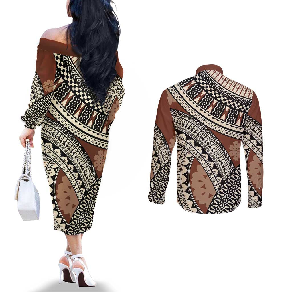 Bula Fiji Classic Masi Tapa Couples Matching Off The Shoulder Long Sleeve Dress and Long Sleeve Button Shirt Vintage Brown - Polynesian Pride