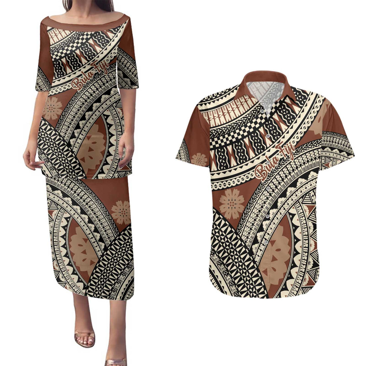 Bula Fiji Classic Masi Tapa Couples Matching Puletasi and Hawaiian Shirt Vintage Brown - Polynesian Pride
