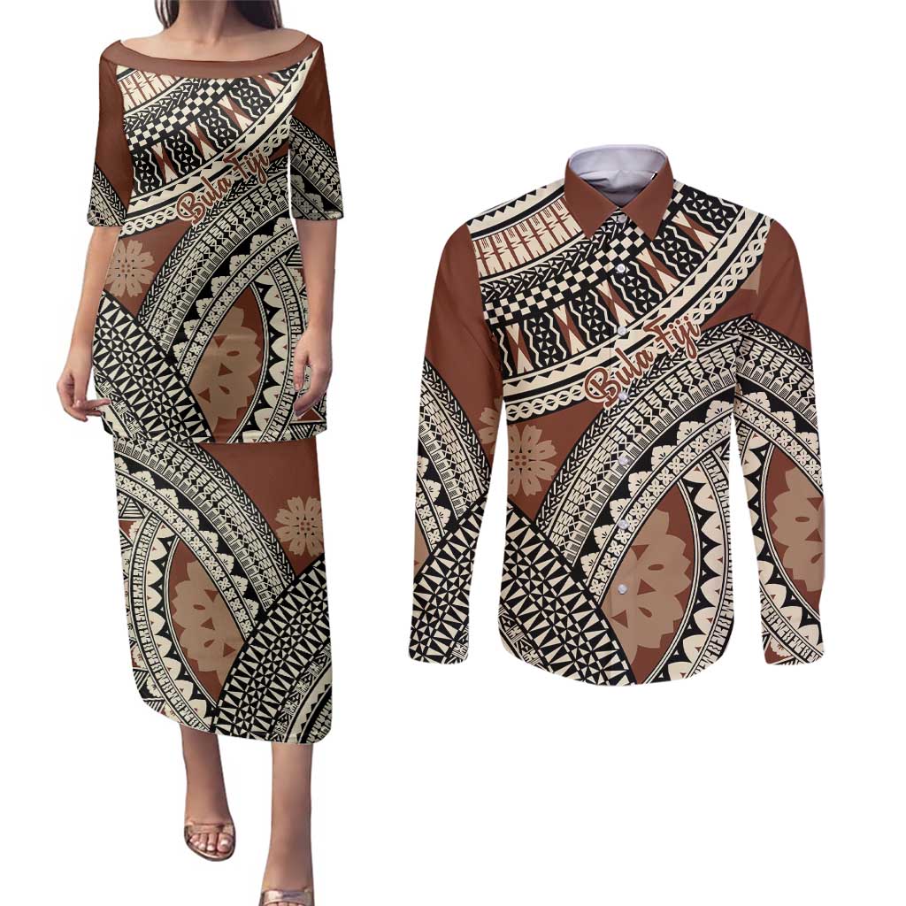 Bula Fiji Classic Masi Tapa Couples Matching Puletasi and Long Sleeve Button Shirt Vintage Brown - Polynesian Pride
