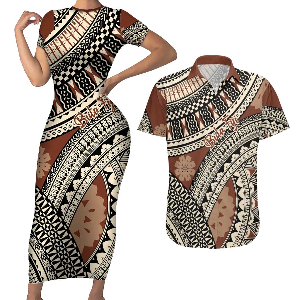 Bula Fiji Classic Masi Tapa Couples Matching Short Sleeve Bodycon Dress and Hawaiian Shirt Vintage Brown - Polynesian Pride