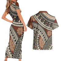Bula Fiji Classic Masi Tapa Couples Matching Short Sleeve Bodycon Dress and Hawaiian Shirt Vintage Brown LT7 - Polynesian Pride