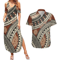 Bula Fiji Classic Masi Tapa Couples Matching Summer Maxi Dress and Hawaiian Shirt Vintage Brown - Polynesian Pride