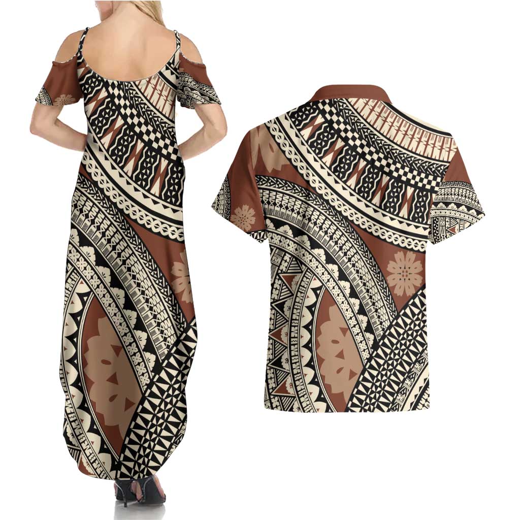 Bula Fiji Classic Masi Tapa Couples Matching Summer Maxi Dress and Hawaiian Shirt Vintage Brown - Polynesian Pride