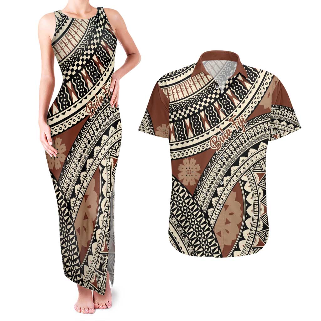 Bula Fiji Classic Masi Tapa Couples Matching Tank Maxi Dress and Hawaiian Shirt Vintage Brown - Polynesian Pride