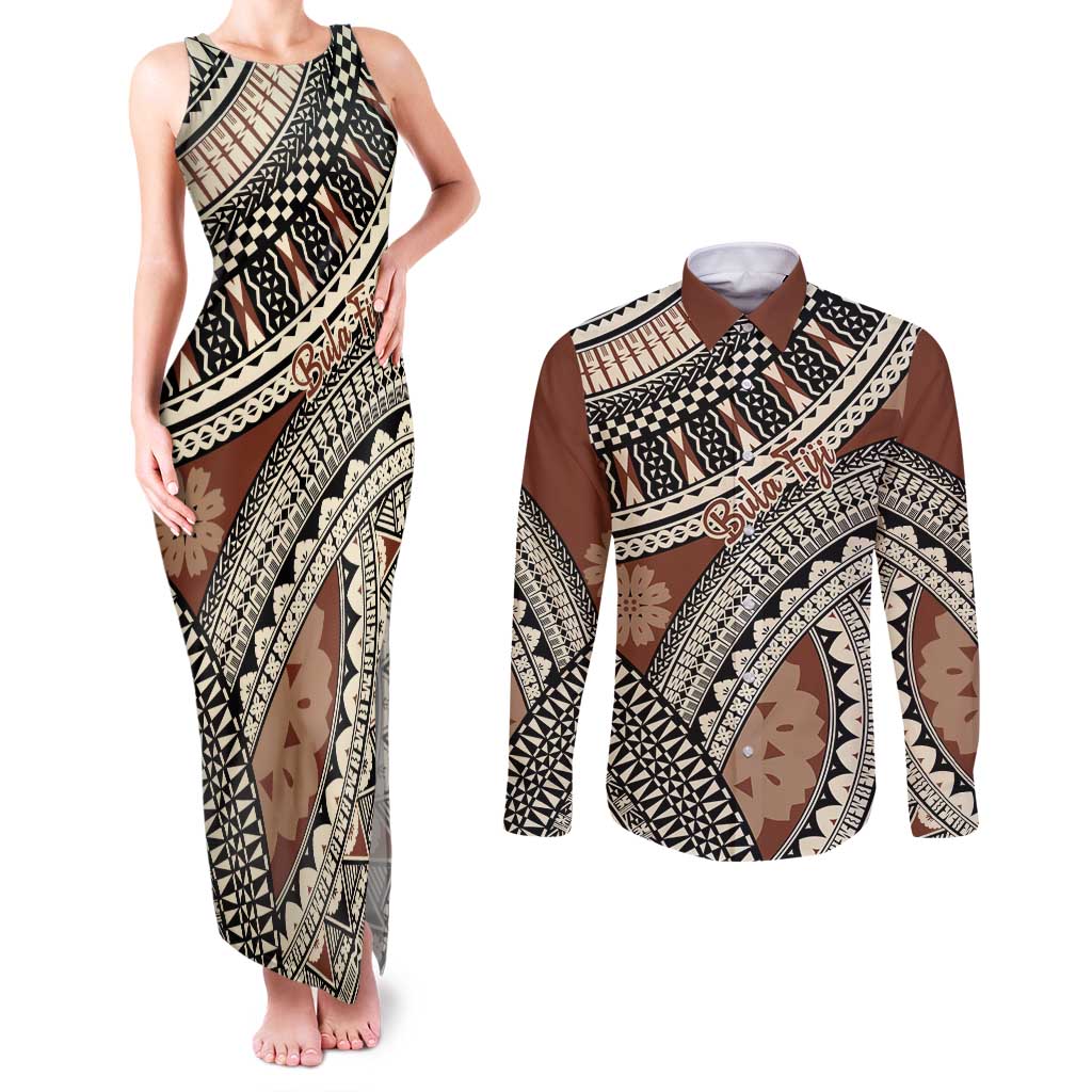 Bula Fiji Classic Masi Tapa Couples Matching Tank Maxi Dress and Long Sleeve Button Shirt Vintage Brown - Polynesian Pride