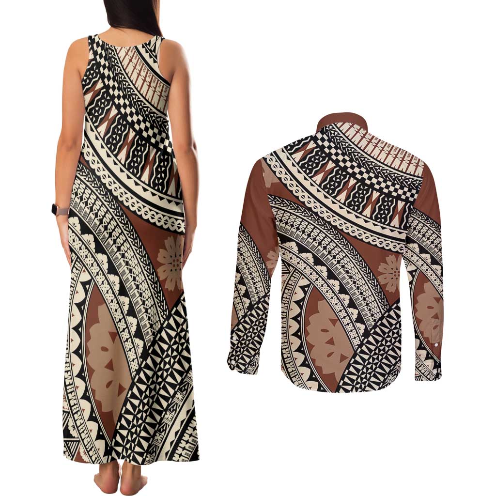 Bula Fiji Classic Masi Tapa Couples Matching Tank Maxi Dress and Long Sleeve Button Shirt Vintage Brown - Polynesian Pride